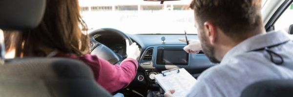 Rear view of mid adult teacher pointing while woman parking car